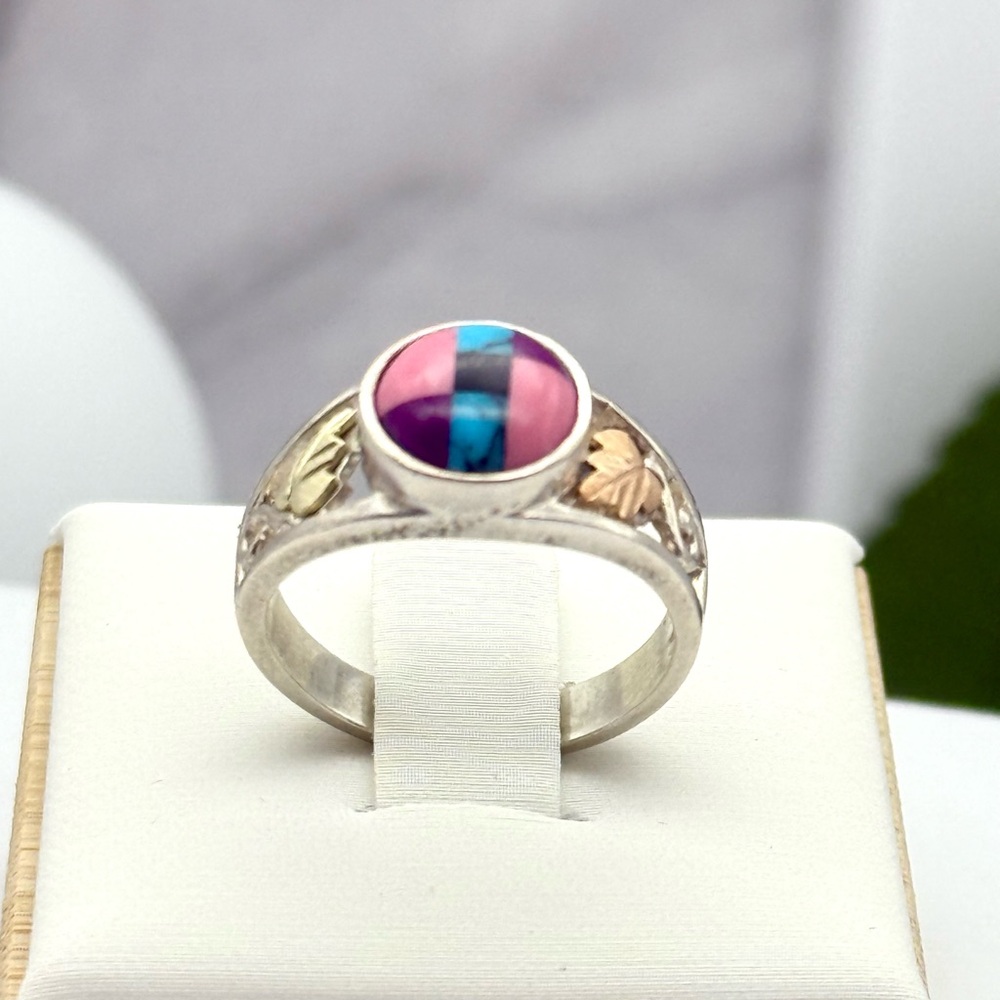 Vintage C.CO. Sterling silver and 10k gold leafs ring inlay multicolor size # 6